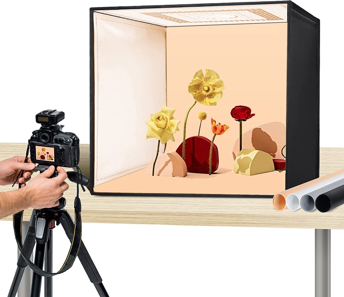 Fotostudioset 50 x 50 x 50 cm professionele superheldere fotobox met 50 W 5500 K instelbaar licht incl. 4 pvc-achtergronden (puur zwart/grijs/oranje/wit)