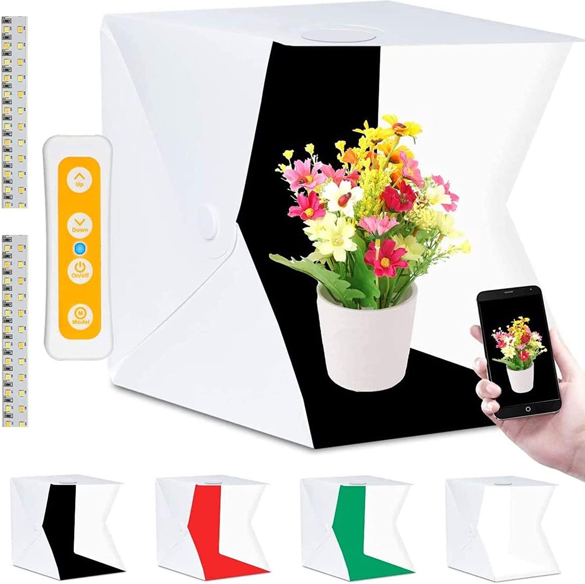 Fotobox, fototent, lichttent 40 x 40 cm met 3 lichtmodi, 140 leds, mini mobiel draagbaar tafelblad, opvouwbare fotostudio met 4 achtergronden (wit/zwart/rood/groen)