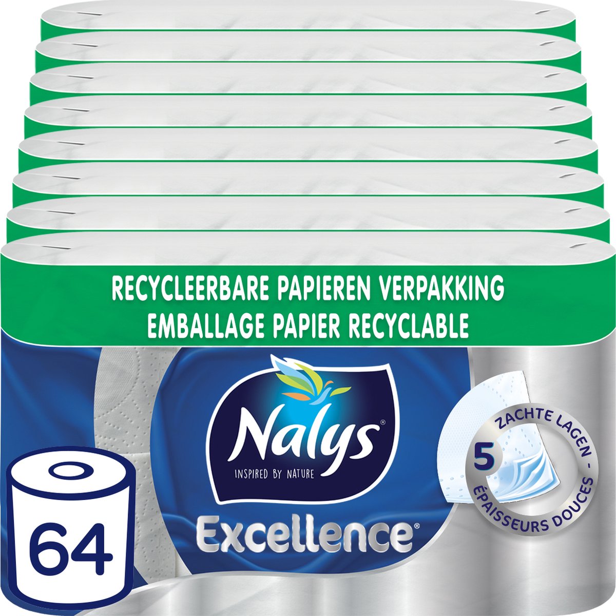 Nalys Excellence Maxi-Vellen Toiletpapier - 5 Lagen - 64 rollen - Papieren  Verpakking | bol.com