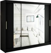 InspireMe - Kledingkast met 3 schuifdeuren, Modern-stijl, Een kledingkast met planken en een spiegel (BxHxD): 250x200x62 - KAIR T2 250 Zwart Mat + Gouden met 4 lades