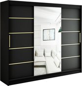 InspireMe - Kledingkast met 3 schuifdeuren, Modern-stijl, Een kledingkast met planken en een spiegel (BxHxD): 250x200x62 - KAIR V2 250 Zwart Mat + Gouden