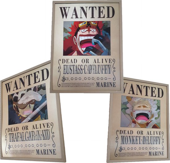 One Piece Wanted Poster + Lijst 3D - Monkey D Luffy | Trafalgar Law | Captain Kid | 3D Effect + Lijst