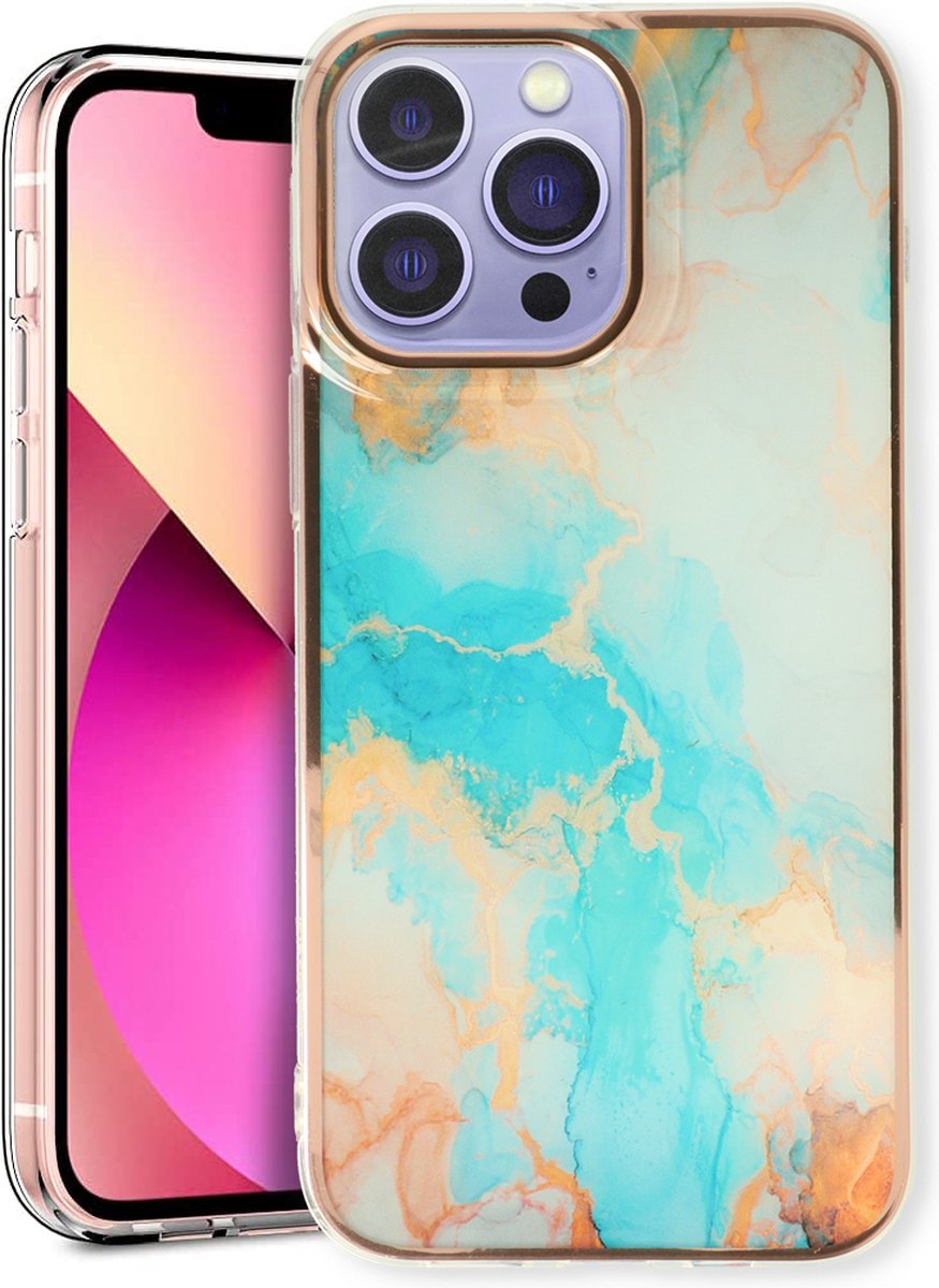 Casemania Hoesje Geschikt voor Apple iPhone 13 Pro - Aqua - Siliconen Marmer Back Cover