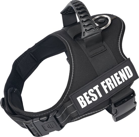 Harnais pour chien noir avec patch "BEST FRIEND", coutures réfléchissantes et poignée.