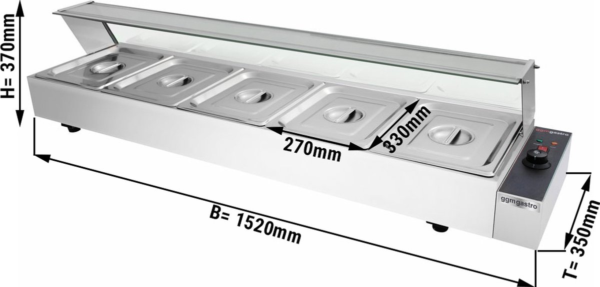 Opzet bain-marie met glazen deksel - elektrisch - met 5 bakken GN 1/2 | GGM Gastro