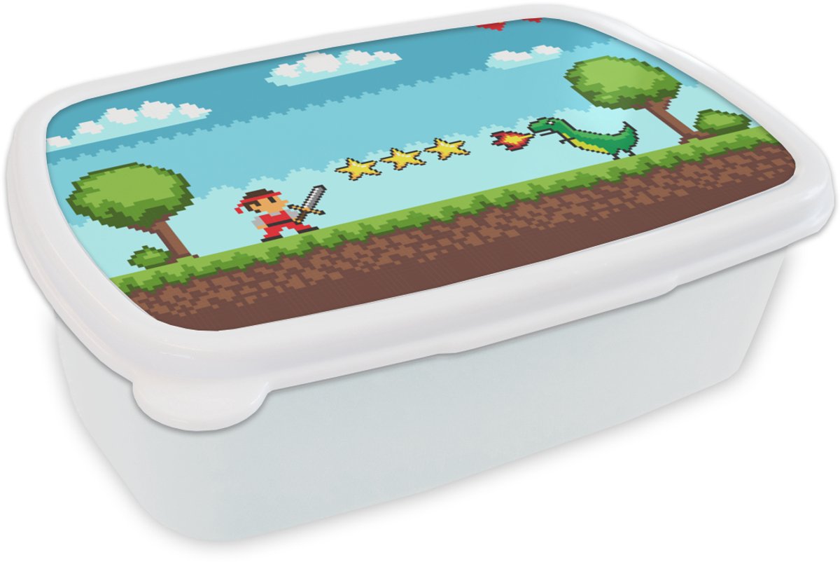 Broodtrommel Wit - Lunchbox - Brooddoos - Gaming - Arcade - Retro - 18x12x6 cm - Volwassenen