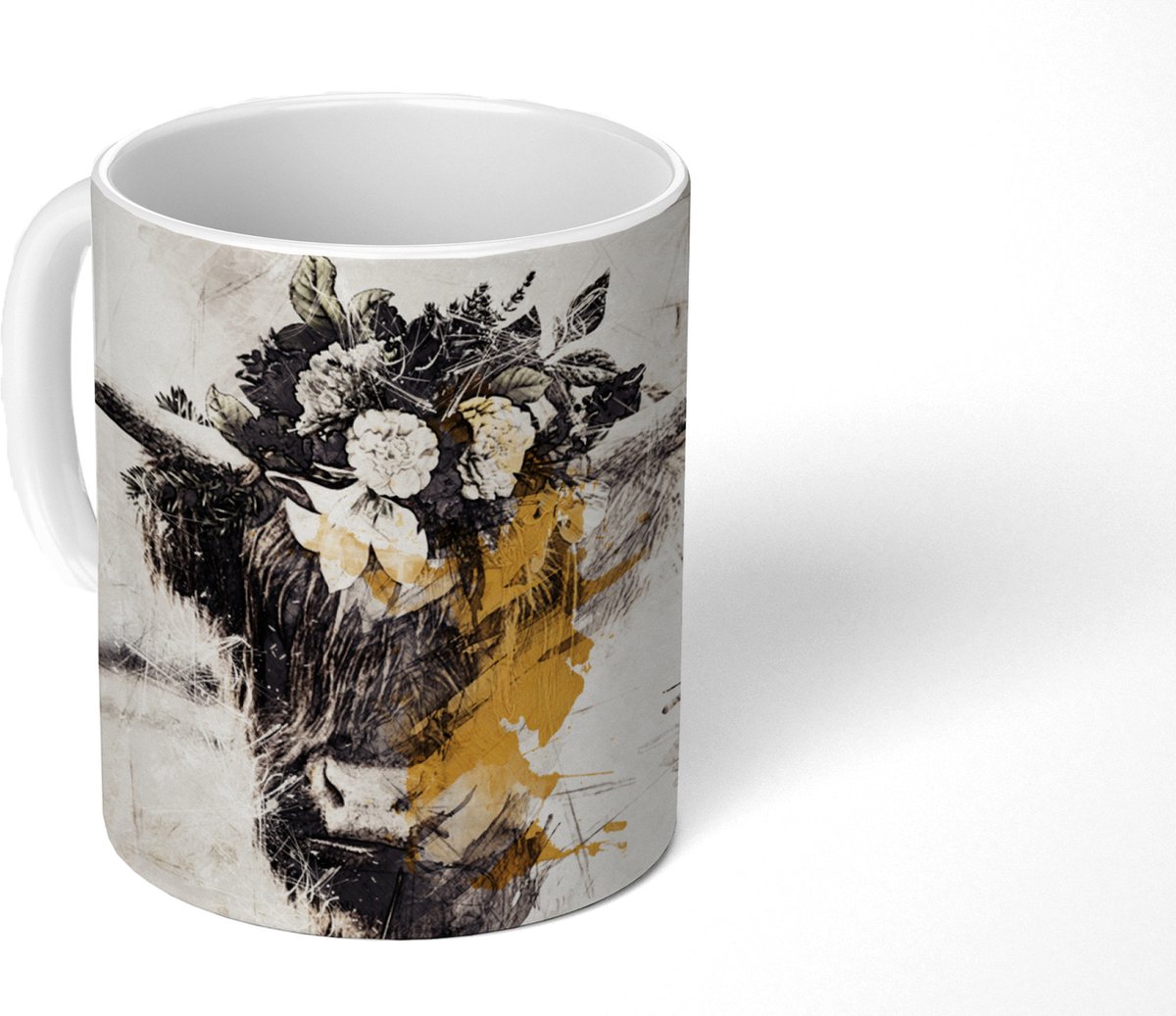 Mok - Koffiemok - Schotse hooglander - Bloemen - Goud - Mokken - 350 ML - Beker - Koffiemokken - Theemok