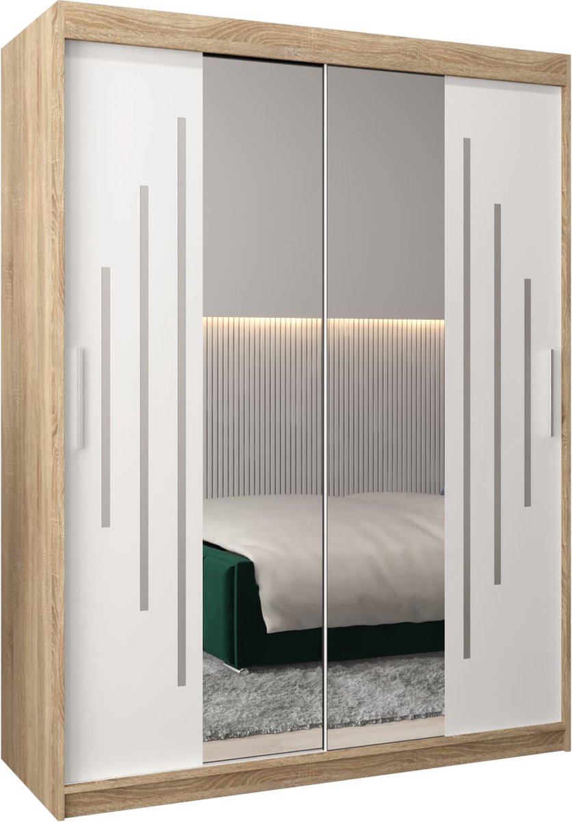InspireME Kledingkast met 2 schuifdeuren, Modern-stijl, Een kledingkast met planken en een spiegel (BxHxD): 150x200x62 - MALTESE I 150 Sonoma Eik + Wit Mat