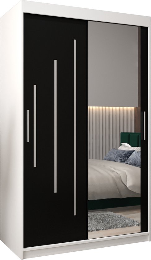InspireMe - Kledingkast met 2 schuifdeuren, Modern-stijl, Een kledingkast met planken en een spiegel (BxHxD): 120x200x62 - MALTESE II 120 Wit Mat + Zwart
