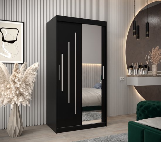 InspireMe - Armoire à 2 portes coulissantes, Style moderne, Une armoire avec des étagères et un miroir (LxHxP): 100x200x62 - MALTESE II 100 Zwart Mat