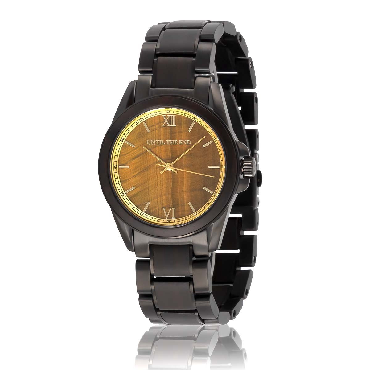 HOT&TOT | Centauri - Houten horloge heren - 42 mm - Zwitsers uurwerk - Tijgeroog steen - Ebbenhout - Zwart RVS - Goud