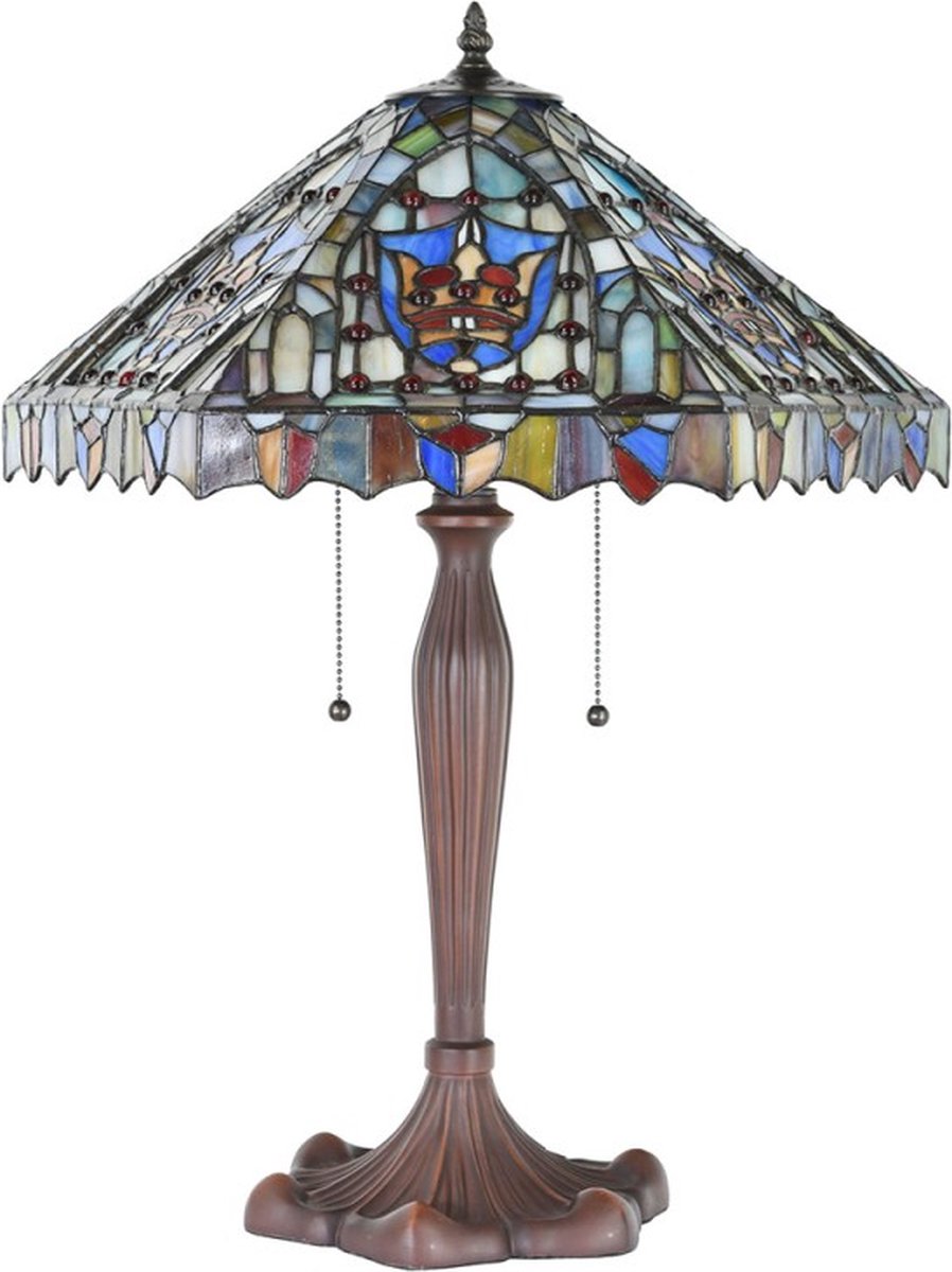 Tiffany Tafellamp Ø 47x60 cm Beige Blauw Glas Kunststof Rond Tiffany Bureaulamp Tiffany Lampen Glas in Lood