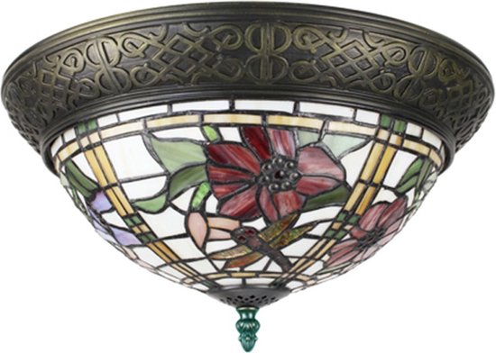 Plafondlamp Tiffany Ø 38x20 cm  Beige Rood Kunststof Glas Rond Plafonniere Glas in Lood