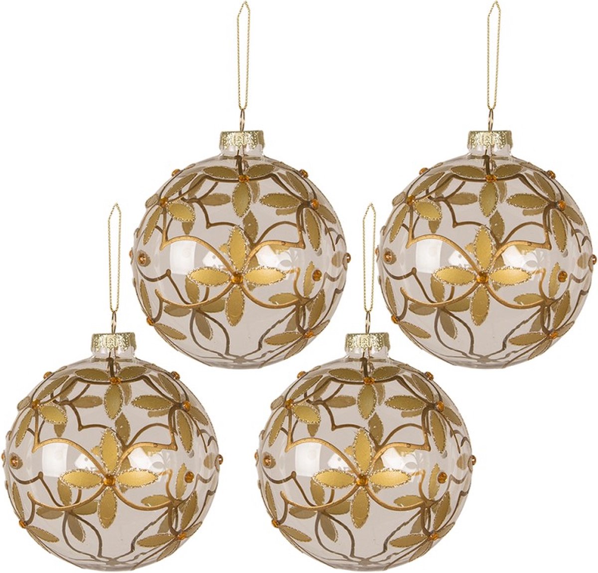 2 x set van 4 kerstballen Ø 10 cm Transparant Glas Bloemen Kerstboomversiering Kerstversiering Kerstdecoratie