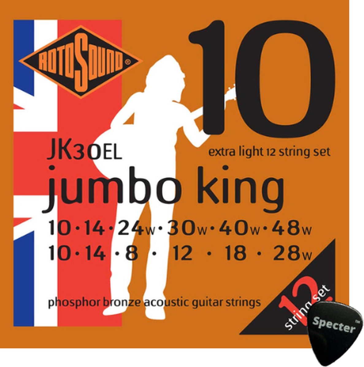 Rotosound Jumbo 12 snarige Snarenset Akoestische 12 snarige Gitaar Met Specter Plectrum - 010 - 048 Set - Gitaar Snaren