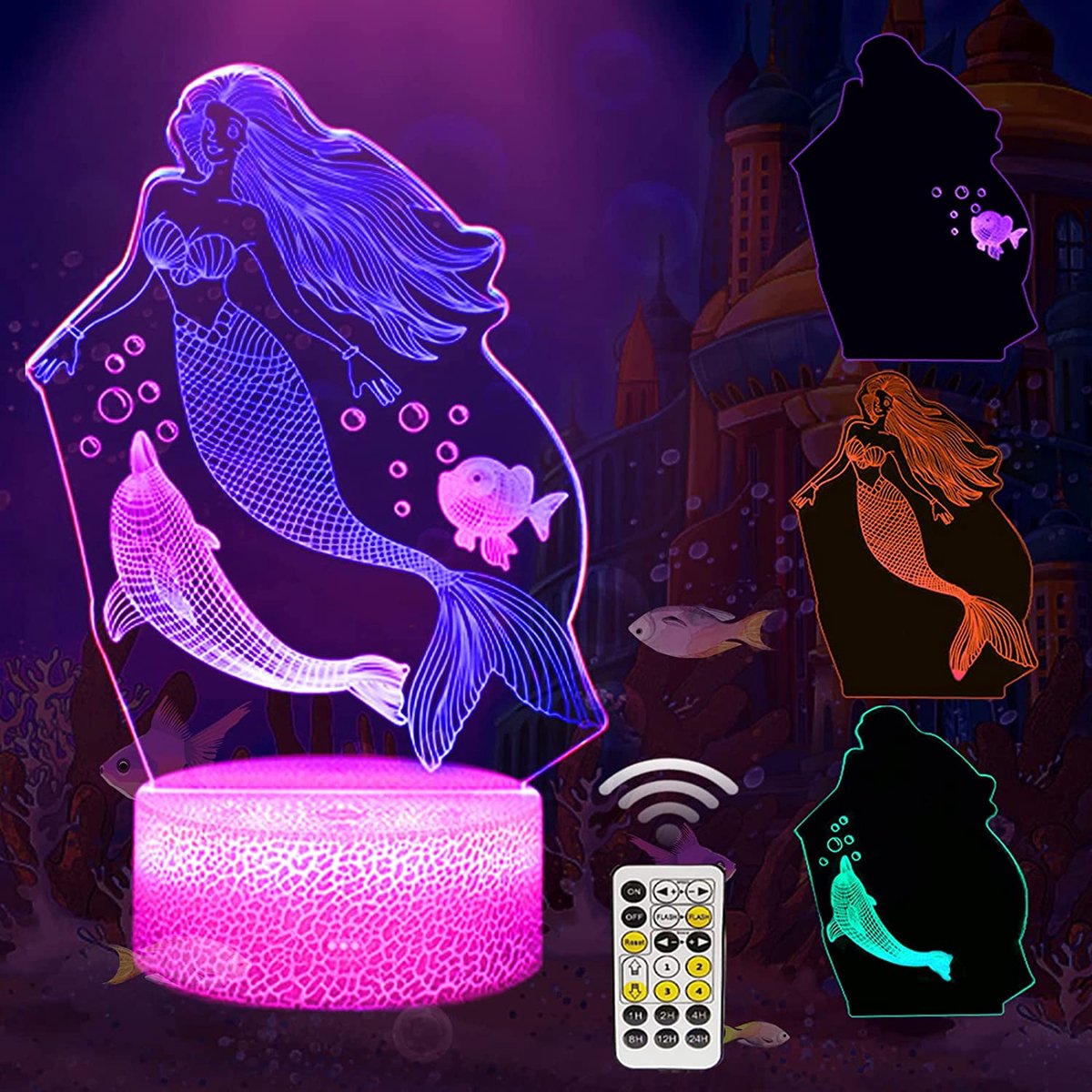 AO® Nachtlamp – 3D lamp – 16 Kleuren – Bureaulamp –Mermaid - Sfeerlamp – Nachtlampje Kinderen – Creative lamp - Met afstandsbediening
