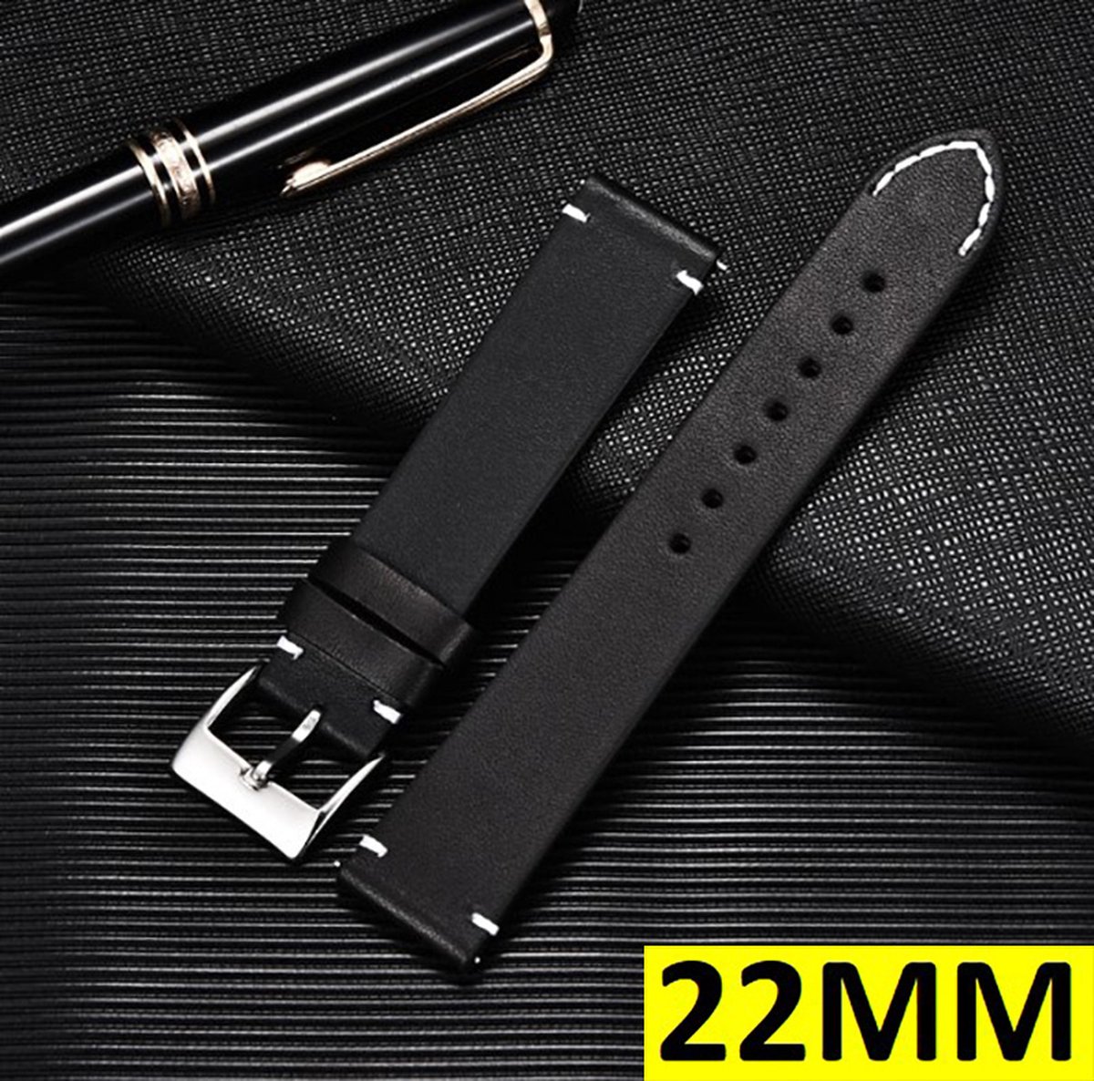 Lederen Horloge Band - Horlogebandje - Strap - Universeel - 22MM - Zwart