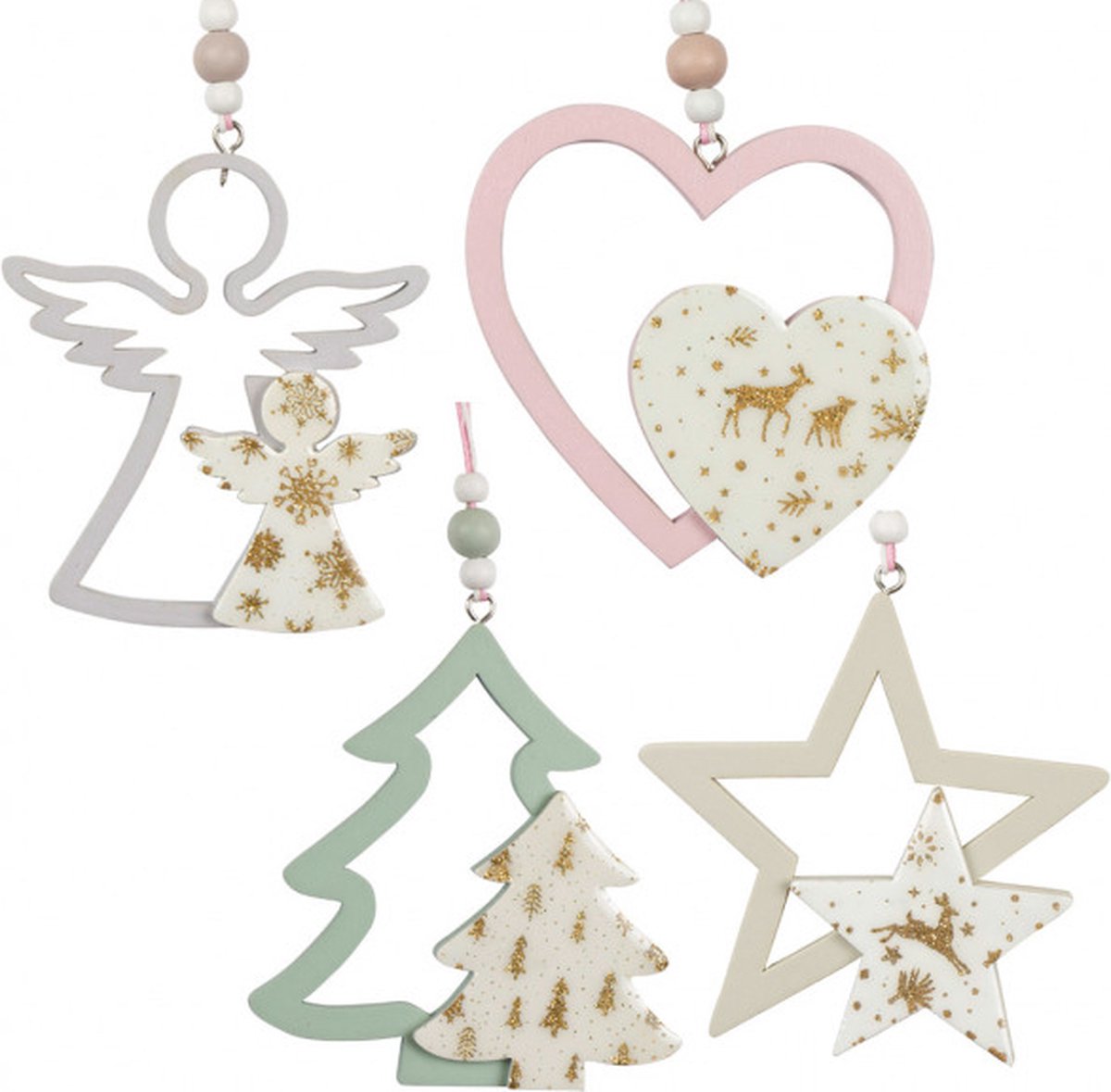 Christmas Paradise - Kerstboom Decoratie - Set van 4 stuks - Engel - Hart - Boom - Ster - Hout - Glitter - 10 cm - Christmas - Kerstboom - Versiering