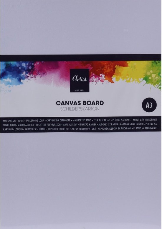 Een A3 canvasbord met een gekleurde aquarel splash boven 'Artist Canvas Board'.