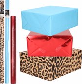 6x Rollen kraft inpakpapier pakket dierenprint/metallic rood en blauw 200 x 70/50 cm/cadeaupapier/verzendpapier/kaftpapier
