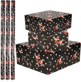 3x Rouleaux de papier d'emballage de Noël /papier d'emballage cadeau noir/renne amusant 2,5 0 0,7 cm - Papier de Luxe de qualité papier de Noël - Noël