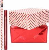 6x Rollen kraft inpakpapier liefde/rode hartjes pakket - rood metallic 200 x 70/50 cm - cadeau/verzendpapier