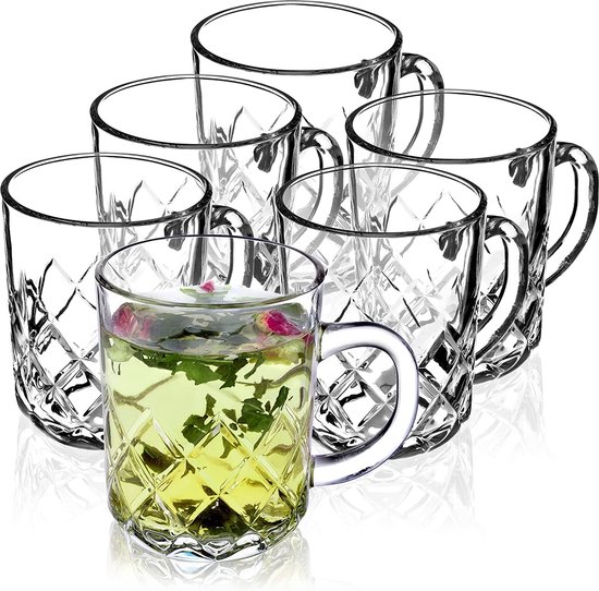 KADAX Theeglazen, set van 6 glazen met handvat, glazen bekers voor 6 personen, vaatwasserbestendig, drinkglazen voor koffie, thee, water, sap, drank, sapglazen, waterglazen, glazenset