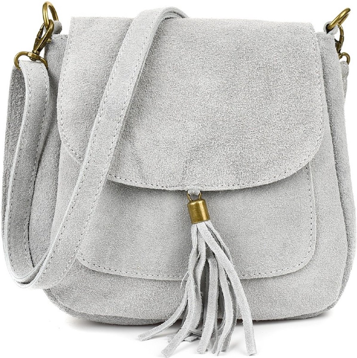 Grijze Suède Schoudertas Tassle - Grijs - Suède - Italiaans Leder - Boho Schoudertassen