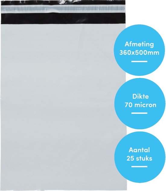 25x Verzendzakken voor kleding - Verzendzakken webshop - 360 x 500mm - 70 micron dik - Wit met plakstrip