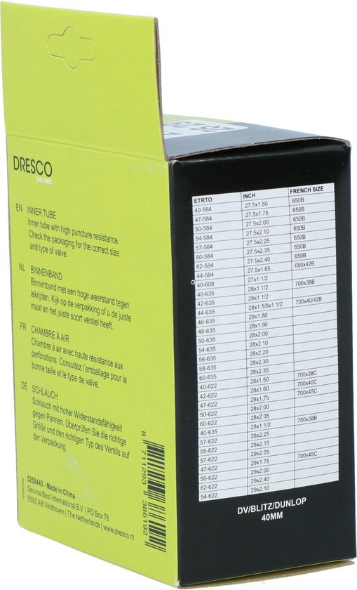 Dresco Binnenband - Voor 27.5/28 & 29 inch - ETRTO maat 40/62-584/635 - Dunlop (Hollands) ventiel - Ventielhoogte 40mm - Geschikt voor meerdere bandenmaten van Dresco — afbeelding 5