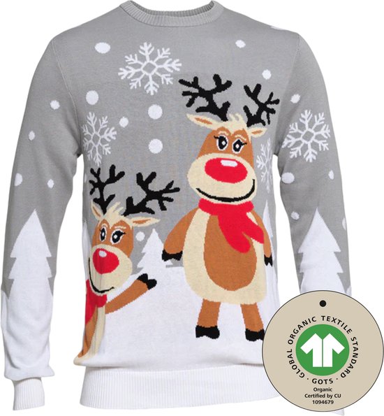 Foute Kersttrui Dames & Heren - Christmas Sweater "Twee Lieve Rendieren" - 100% Biologisch Katoen - Mannen & Vrouwen Maat M - Kerstcadeau