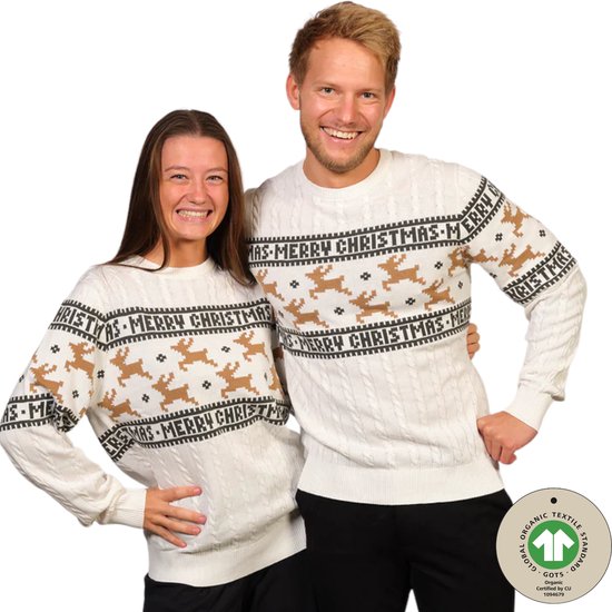 Ugly Christmas Sweater Women & Men - Pull de Noël " Wit Traditionnel & Élégant" - 100% Katoen Biologique - Pull de Noël Homme & Femme Taille L