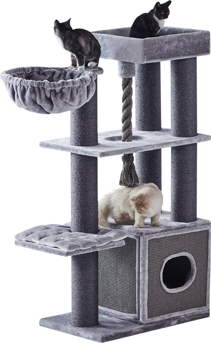 Nobby Krabmeubel Yanko – Krabpaal – Huisje – XXL – Touw – Hangmat – Grijs – Grote Kat – Zware Kat – Maine Coon – 80 X 50 X 159 CM