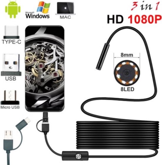Xtabarya HD Camera 1200P 8mm 1M USB Endoscoop Semi-rigide Type C Endoscope  Caméra... | bol.com
