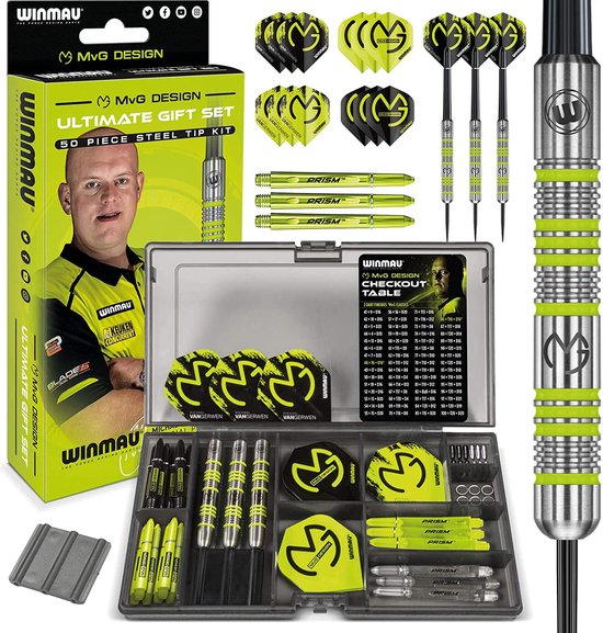 WINMAU Michael Van Gerwen MvG Cadeauset - 50-delige professionele Dartset - Inclusief 4 sets shafts, 4 sets flights en accessoires - 20g Steeltip Dartpijlen