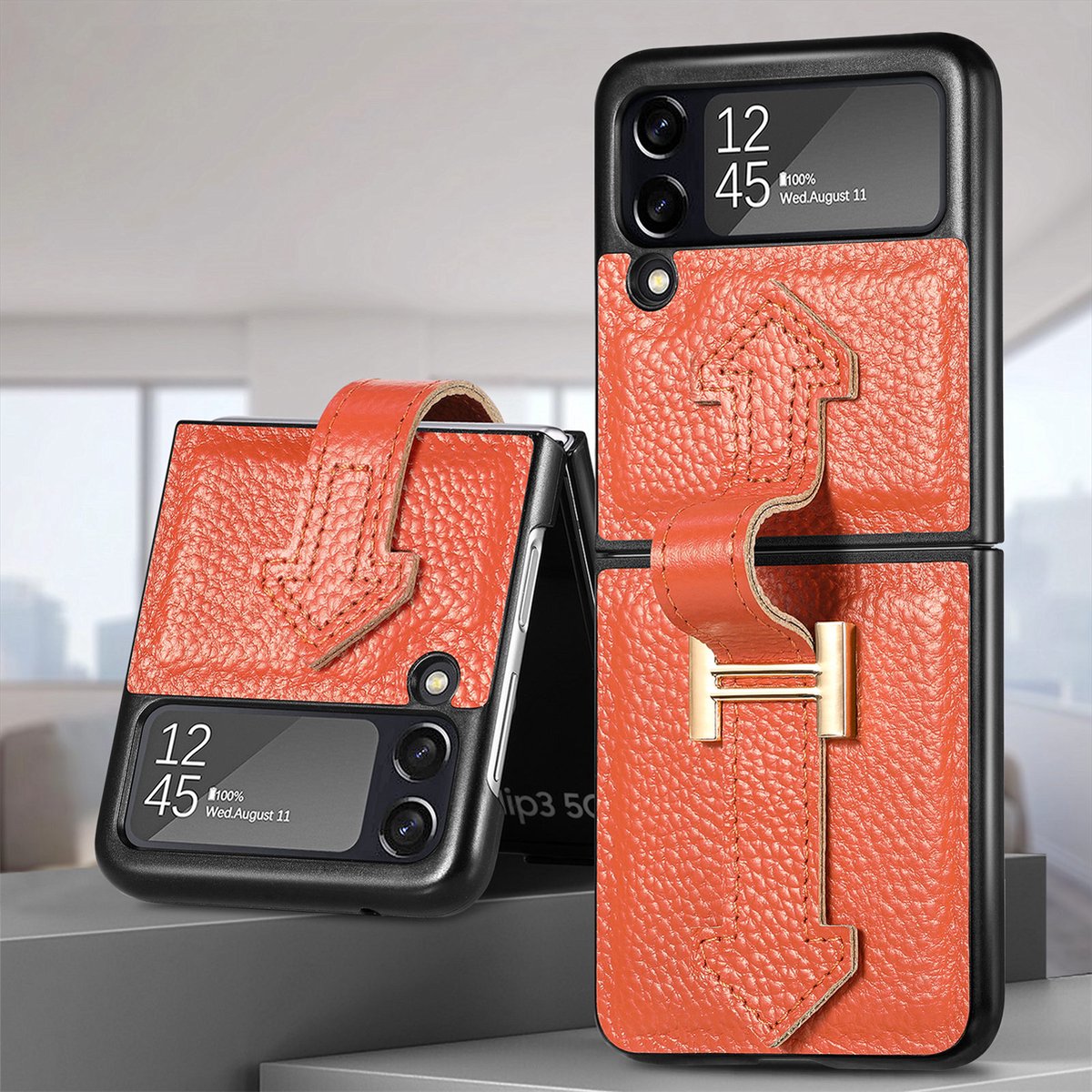 Echt Leren Hoesje voor Samsung Galaxy Z Flip 3 _ Oranje