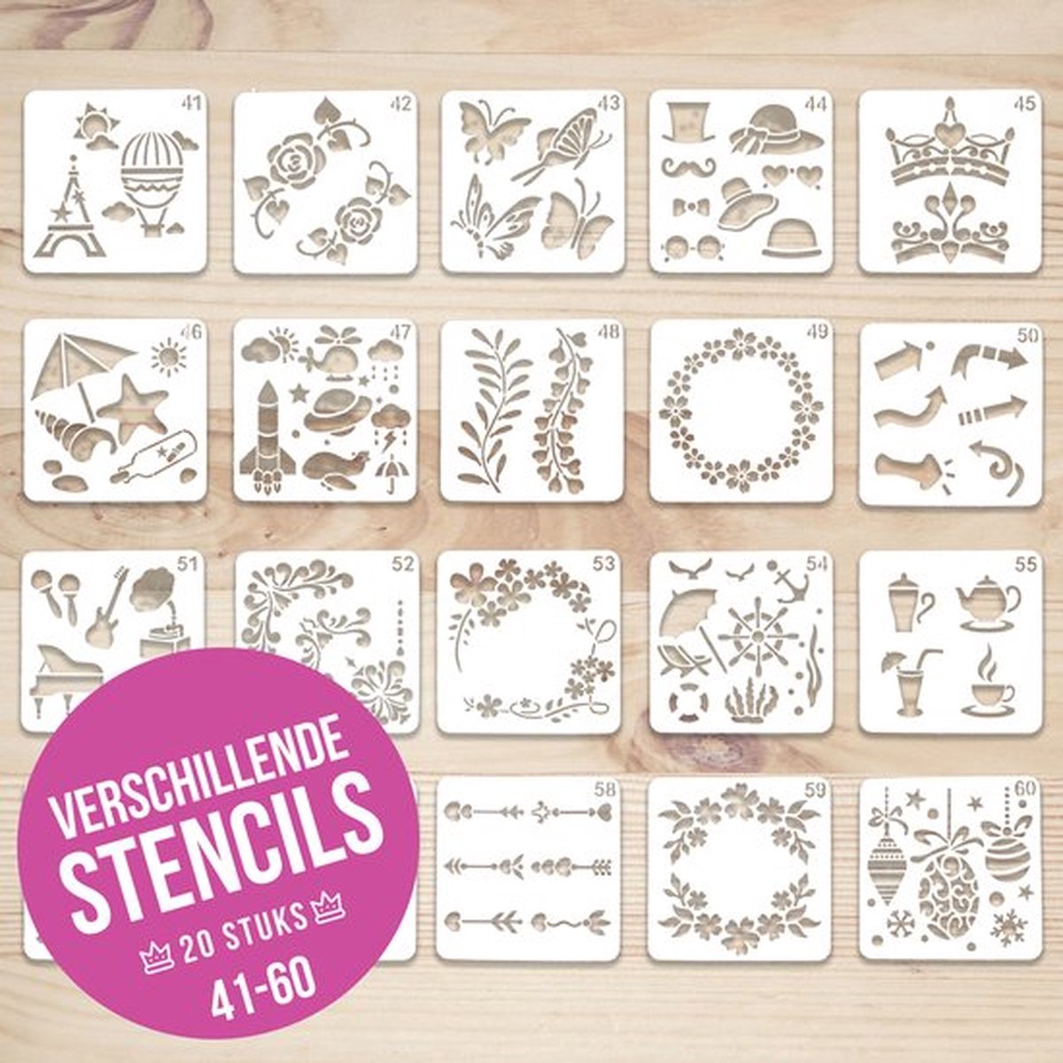 Verschillende stencils voor creatievelingen 41-60 | 20 stuks | 13x13cm | PET plastic | Herbuikbaar | Eenvoudig schoon te maken - YAGO