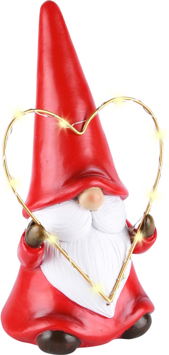 Santagnoom / gnoom met hart en LED verlichting - Wit /rood / goud - 13 x 9 x 23 cm hoog.
