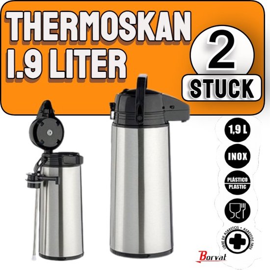 Foto: Borvat 2x thermoskan 1 9 liter isoleerkan thermos 1 9 liter waterfles stalen rvs thermoskan met pomp 1 9 liter rvs vaatwasserbestendig