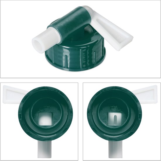 Drie afbeeldingen van de groene dop met witte kraan van een opvouwbare jerrycan.