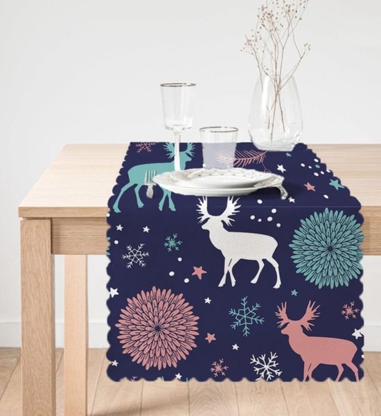 Velvet textiel Kerst tafelloper -45x135 cm- Kerst rendieren op donkerblauw- Runner - De Groen Home