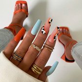 Press On Nails - Nep Nagels - Oranje Wit - Coffin - Manicure - Plak Nagels - Kunstnagels nailart – Zelfklevend