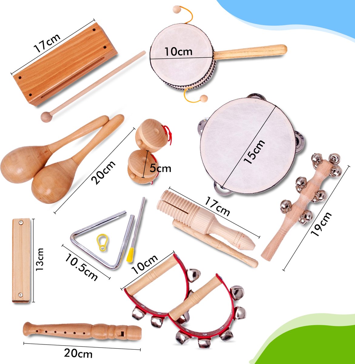 Set 3 instruments : maracas, tambourin, grelots en bois FSC