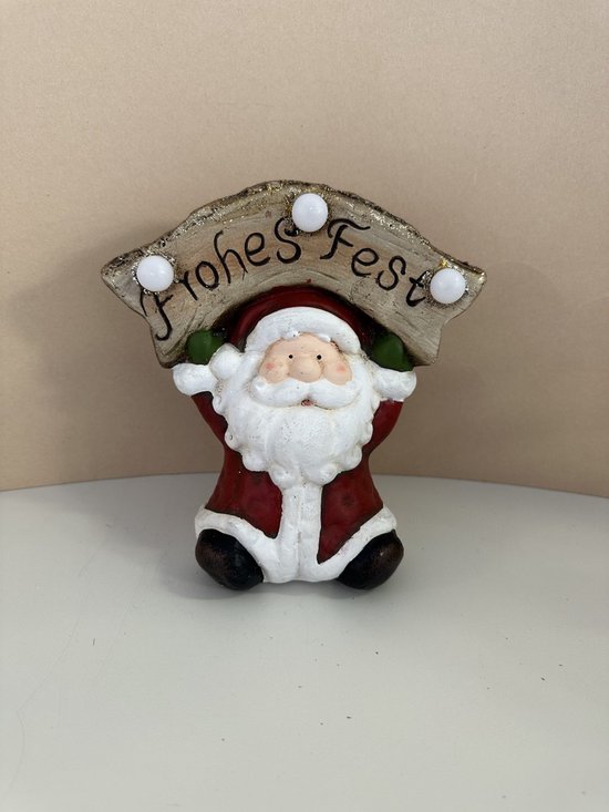 Figurine de Noël Père Noël "Frohes Fest" -avec LED - Rouge + or & paillettes - céramique - hauteur 15x15x8 cm - Décoration de Noël