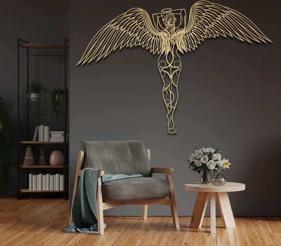 Unieke Handgemaakte Engel, Wanddecoratie, Kunst met 3D effect 101 x 133 cm Wit met Gouden Vleugels