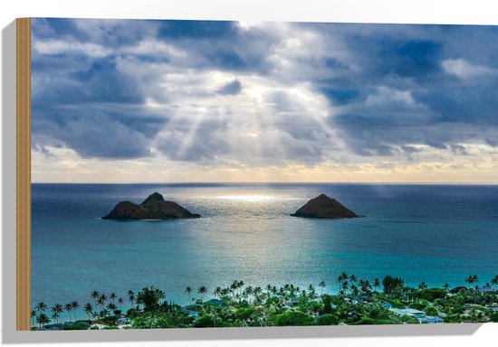 WallClassics - Hout - Uitzicht over Strand en Zee - Lanikai Beach - Hawaï - 60x40 cm - 12 mm dik - Foto op Hout (Met Ophangsysteem)