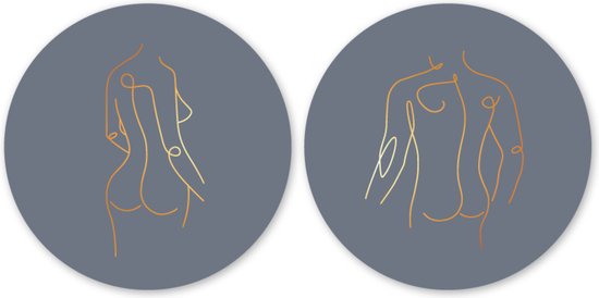 Muurcirkel – set - wandcirkel – lijntekening - man - vrouw - rug - ⌀ 40 cm - wanddecoratie – goud - wallcircle - ronde schilderijen – Coszy