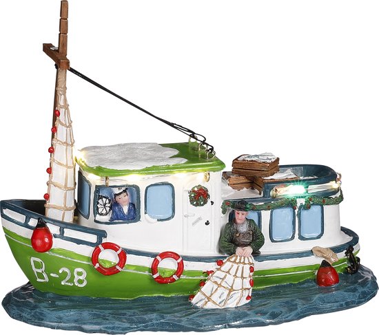 Luville - Fishing boat battery operated - l21xb11xh16,5cm - Kersthuisjes & Kerstdorpen