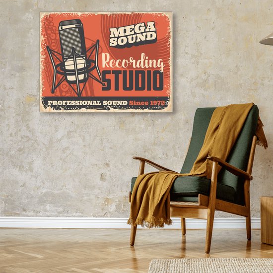 Meester Aan De Muur - Schilderij - Doek Schilderstuk Muurdecoratie Fotokunst Tafereel Recording Studio Microphone - Multicolor - 80 X 60 Cm