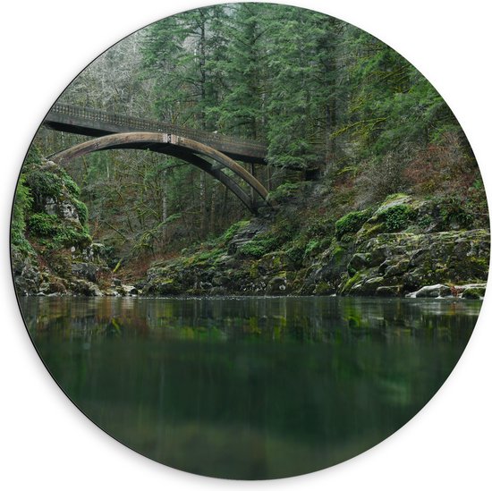 WallClassics - Dibond Muurcirkel - Moulton Falls Bridge - Brug in het Bos - 60x60 cm Foto op Aluminium Muurcirkel (met ophangsysteem)